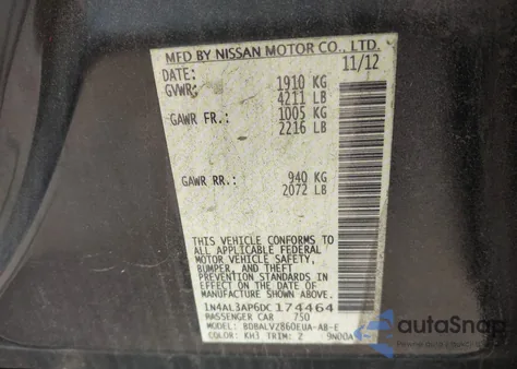 2013 Nissan Altima 2.5 Sl from USA, damaged, VIN 1N4AL3AP6DC174464